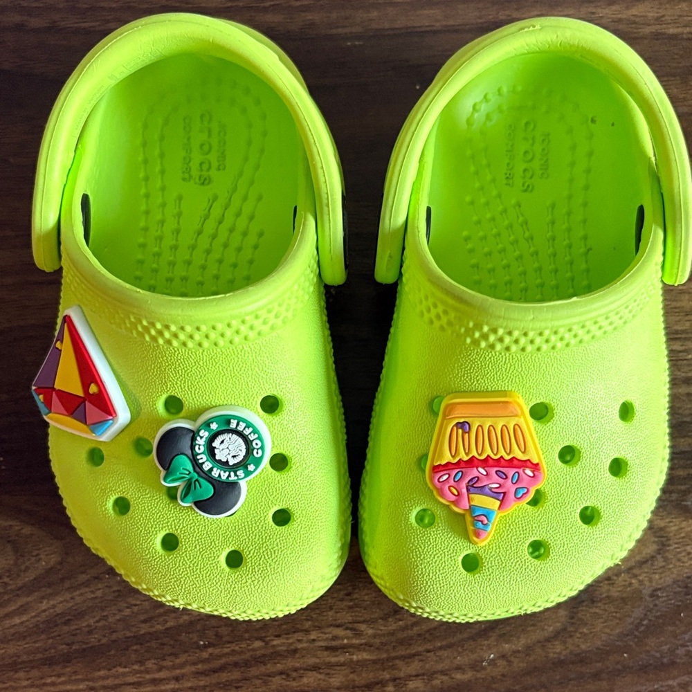 CROCS Kids Neon Green Slippers with Fun Charms